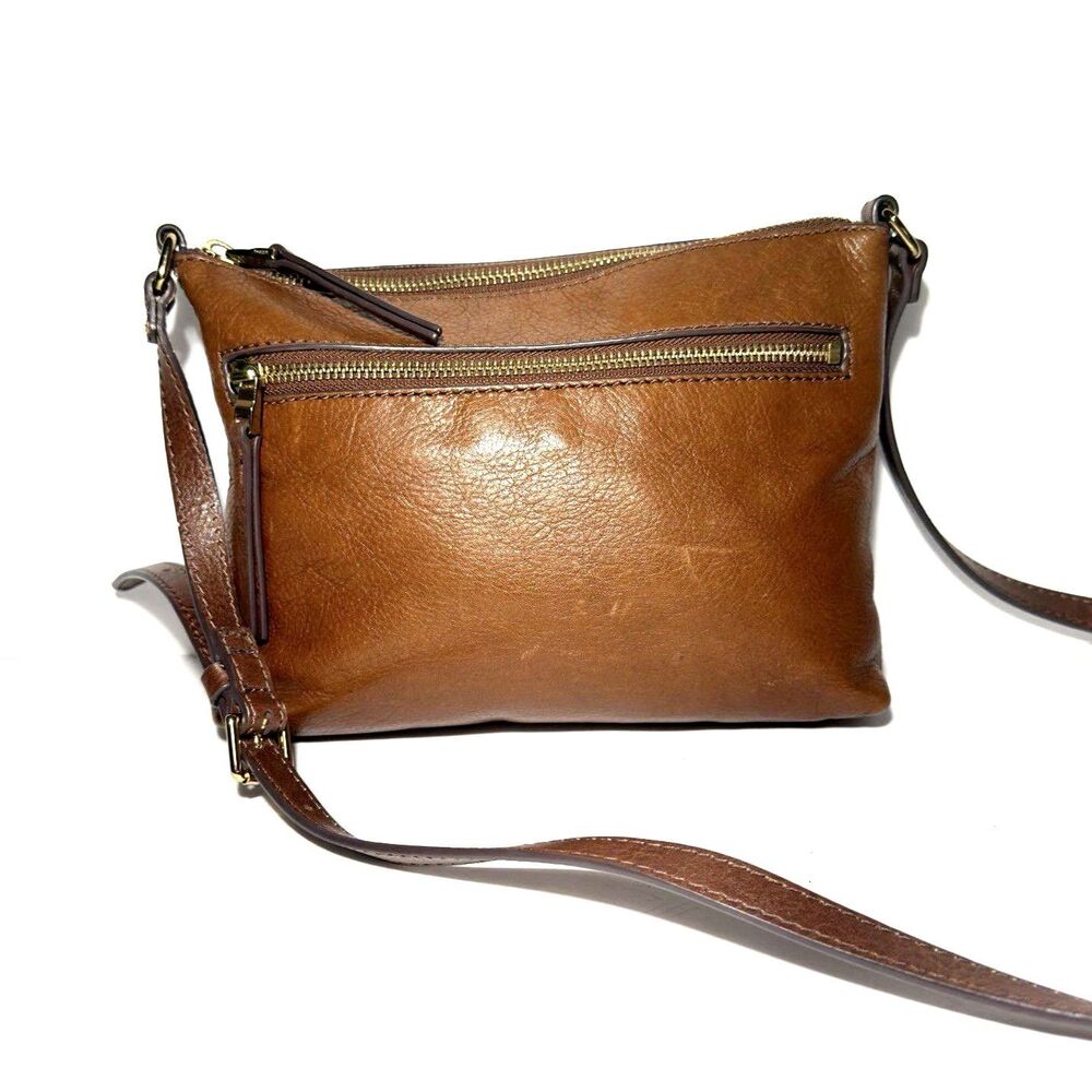 Fossil Y2K Brown Leather Crossbody Bag Purse Zip Top Adjustable Strap 10x7 in
